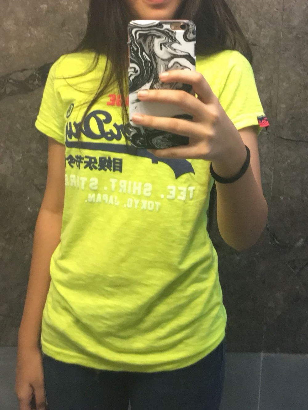 Y2k vintage Superdry Neon Yellow Tee with Navy Script Logo